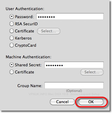 Enter password and shared secret