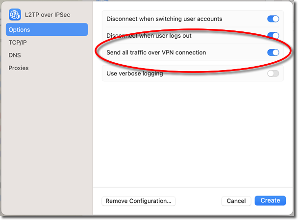 Enable Send all traffic over VPN then click Create